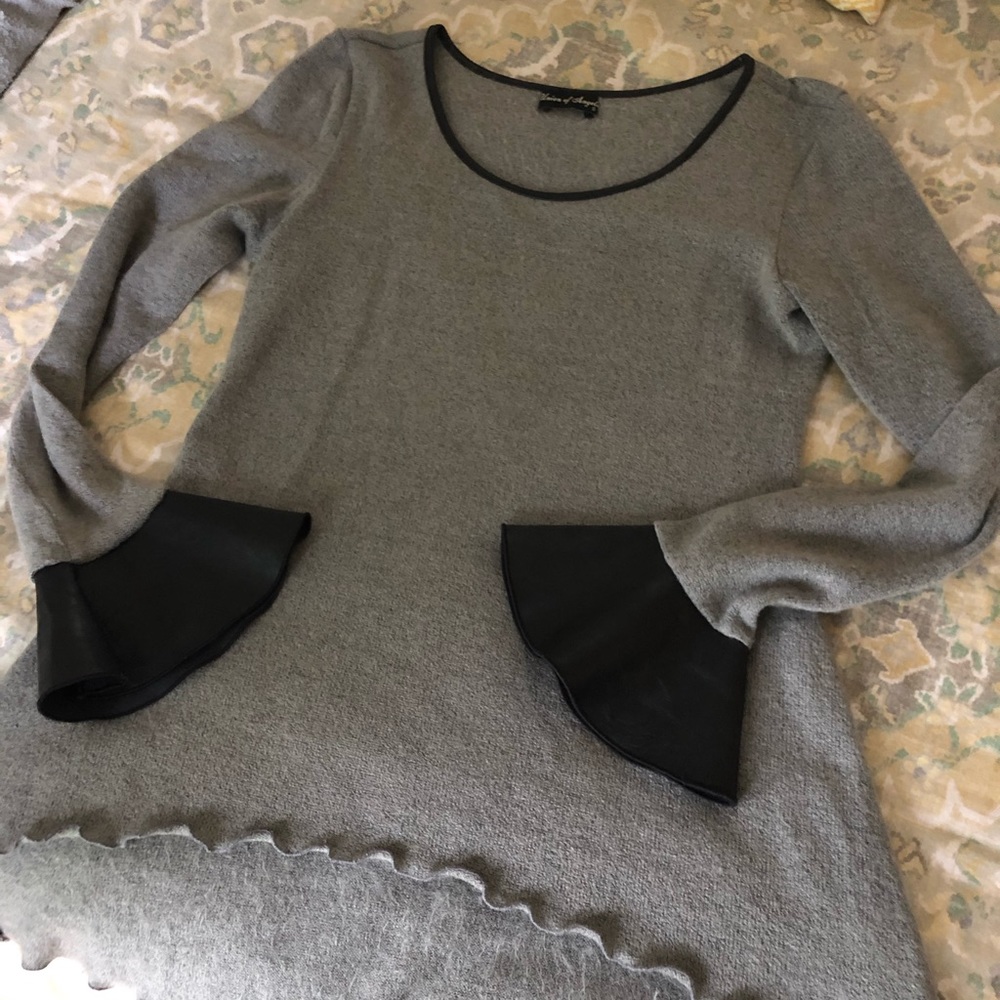 Grey Sweater with Leather Cuffs and Trim